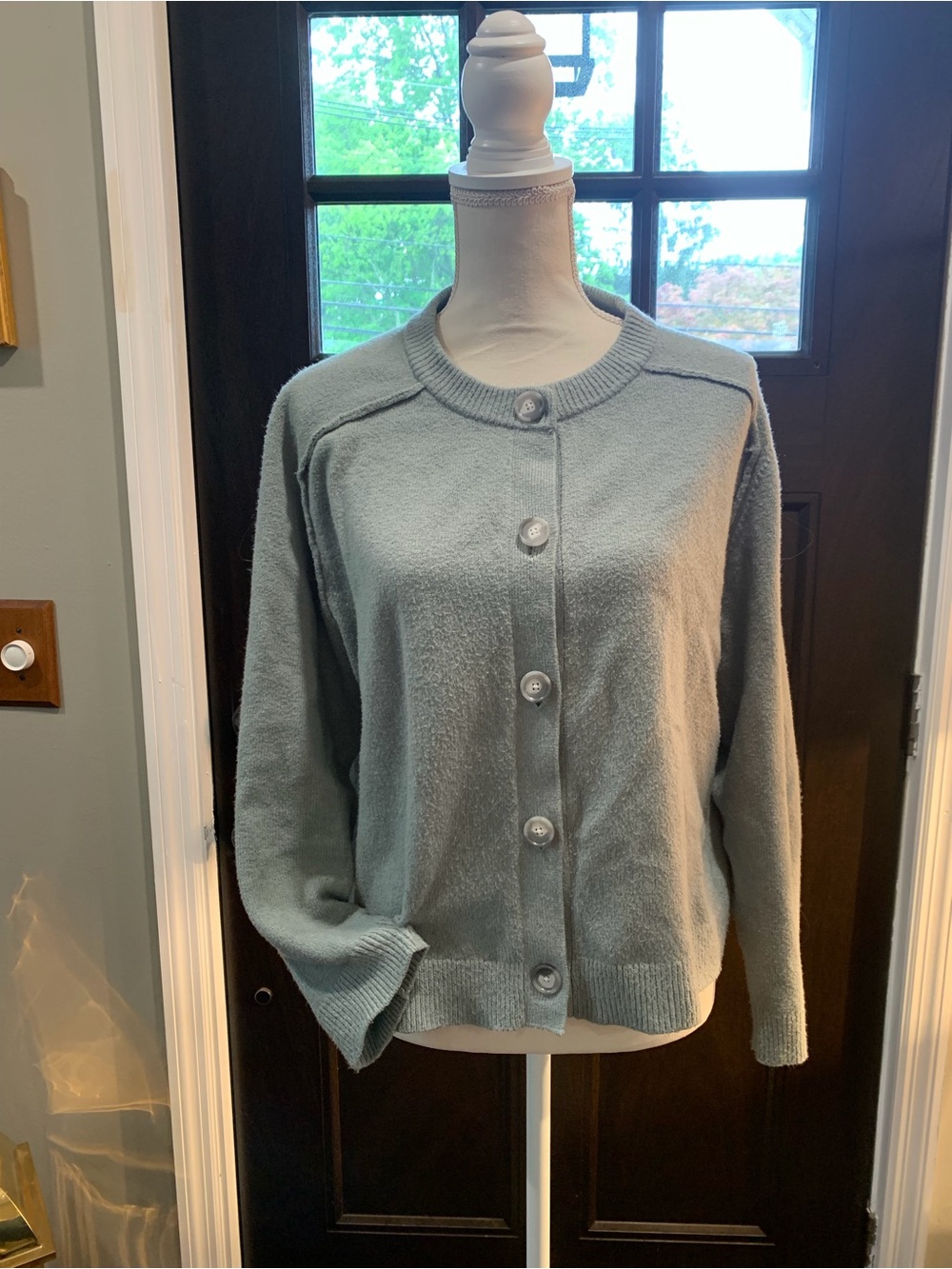 LOFT Sage Green Button-Front Crewneck Cardigan